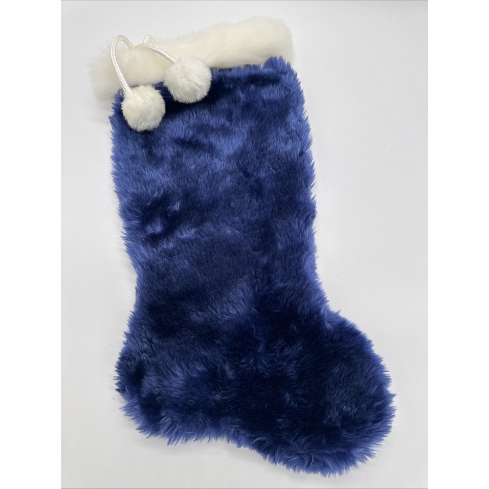Large Blue Faux Fur Stocking With Pom Poms 17" Deep
